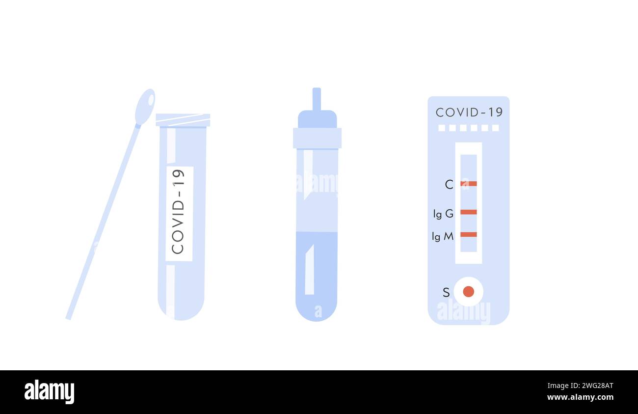 Icônes du kit de test à domicile Covid-19. Test sanguin des anticorps anti-coronavirus. Streptocoque rapide RST. Détection rapide d'antigènes RADT. Illustration vectorielle isolée sur blanc Illustration de Vecteur