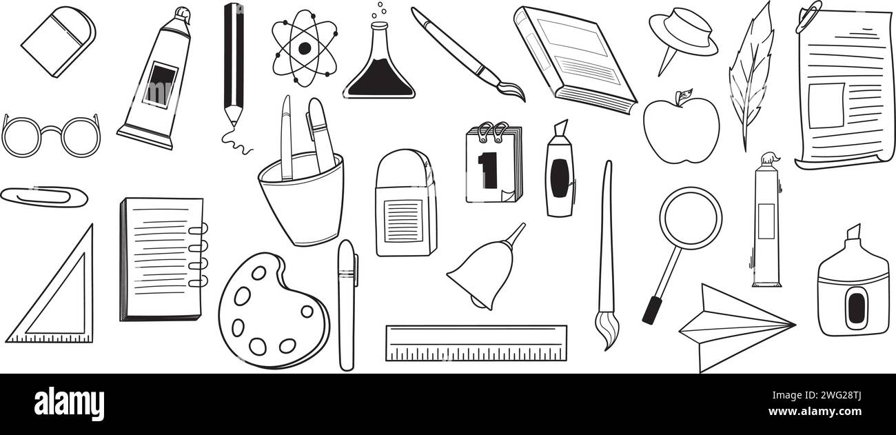 Ensemble d'éléments scolaires. Illustration plate vectorielle dans le style dessiné à la main. contour noir incolore. Retour à l'école Illustration de Vecteur