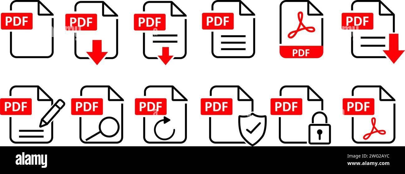 Icônes de format de fichier PDF définies. Informations sur le format, texte du document, téléchargement de fichier PDF, sécurité PDF pour la protection des documents Illustration de Vecteur