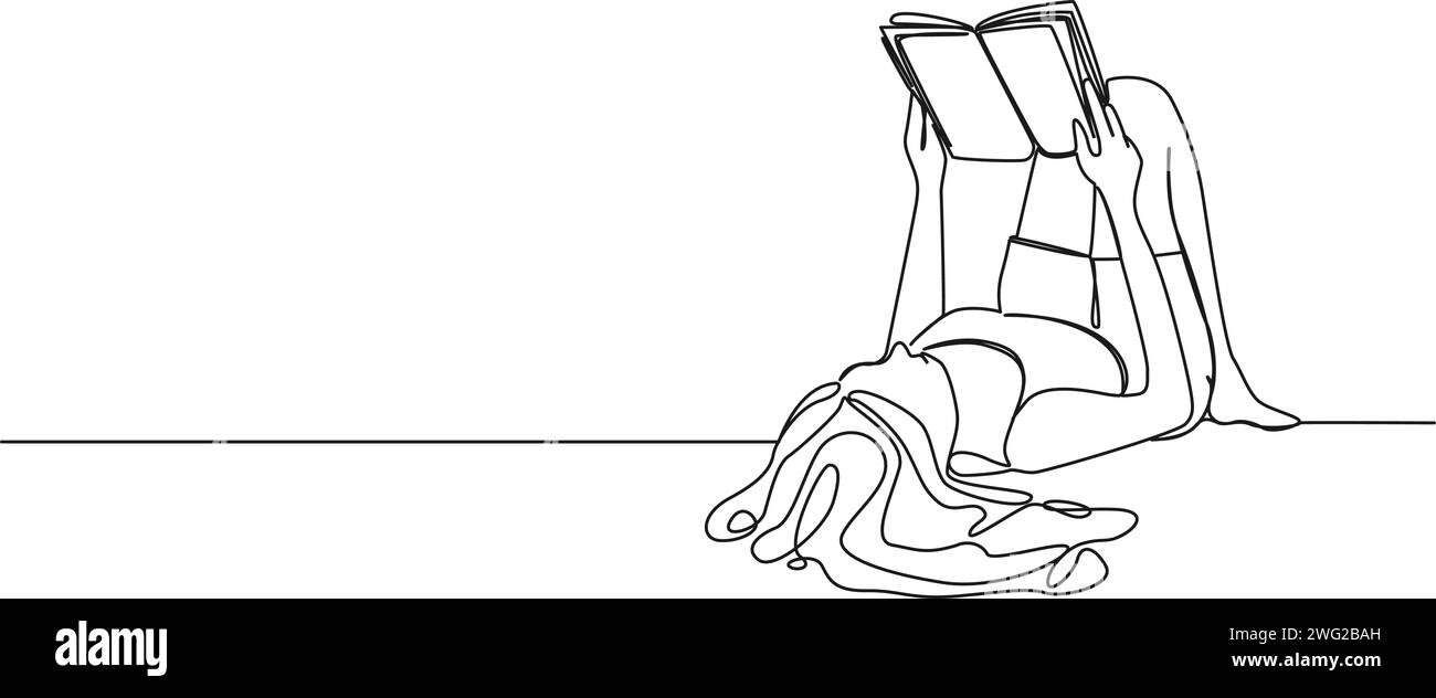 dessin continu d'une seule ligne de femme reposant sur son dos lisant un livre, illustration vectorielle d'art de ligne Illustration de Vecteur