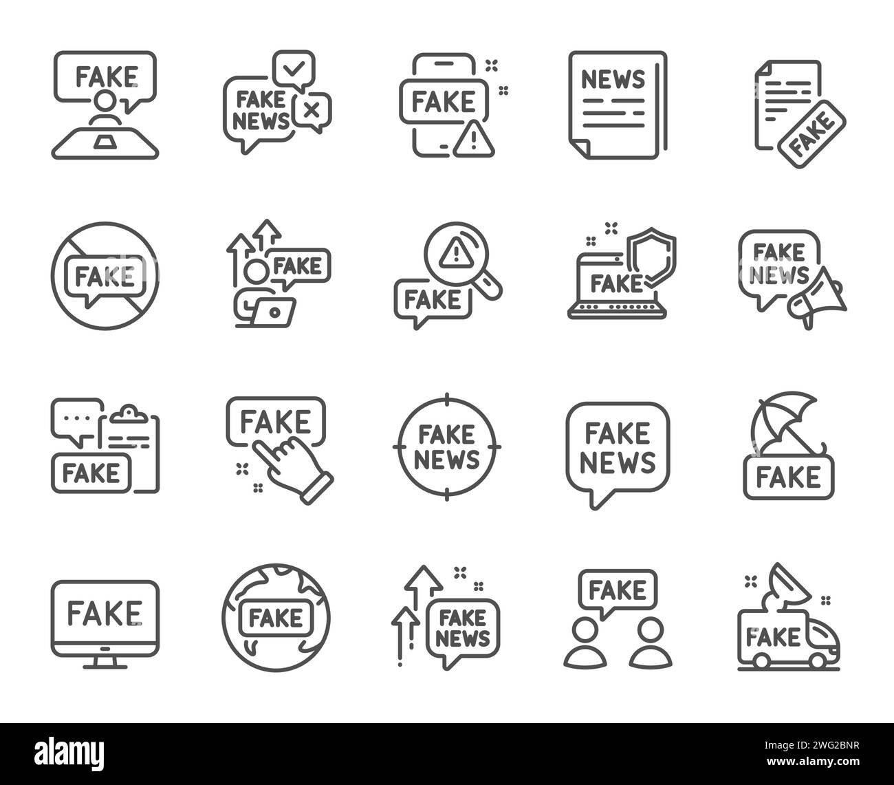 Fausses icônes de ligne d'informations. Propagande des médias sociaux, journal et conspiration des icônes de contour de vérité. Vecteur Illustration de Vecteur
