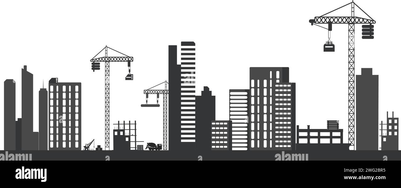 Silhouette noire d'un chantier isolé sur fond transparent. Grues de construction au-dessus des bâtiments. Illustration de Vecteur