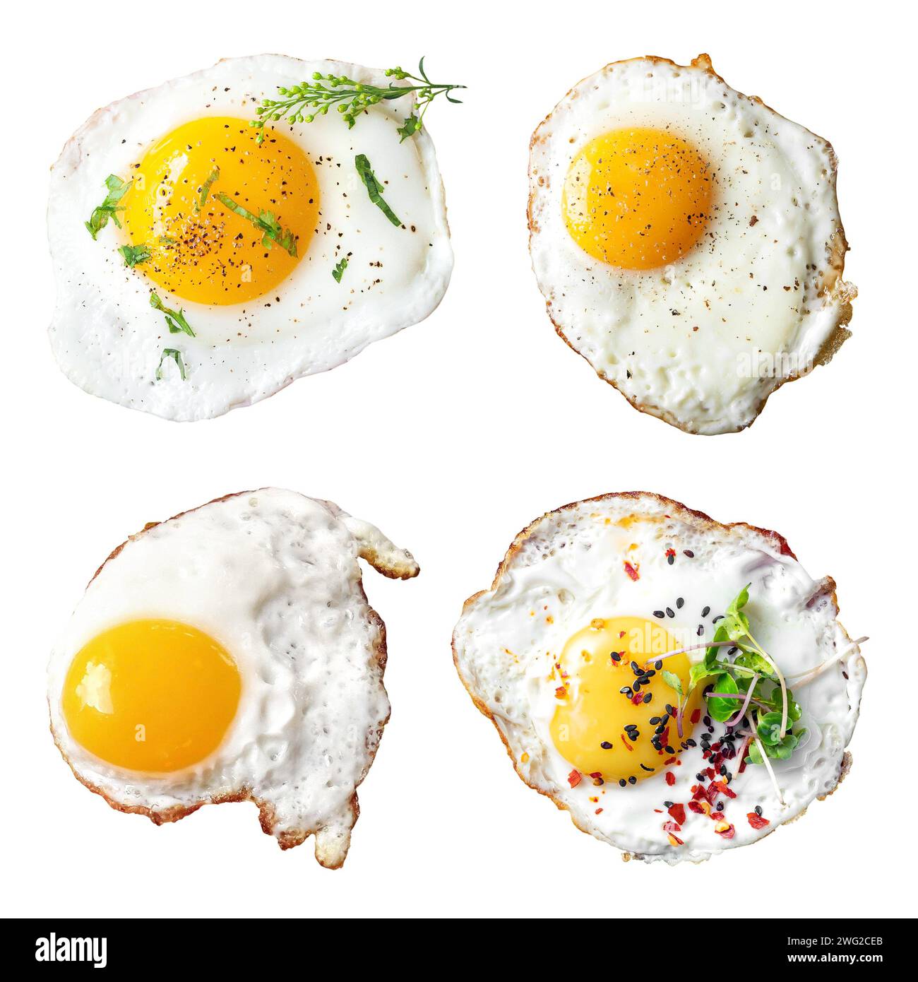 Collection d'oeufs frits isolé, vue sur table repas du petit déjeuner Banque D'Images