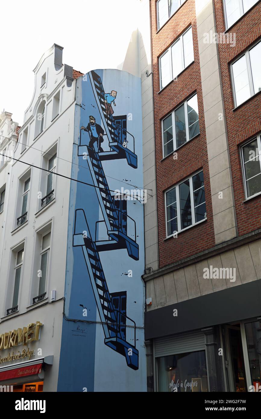 Peinture murale de rue Tintin à Bruxelles Banque D'Images