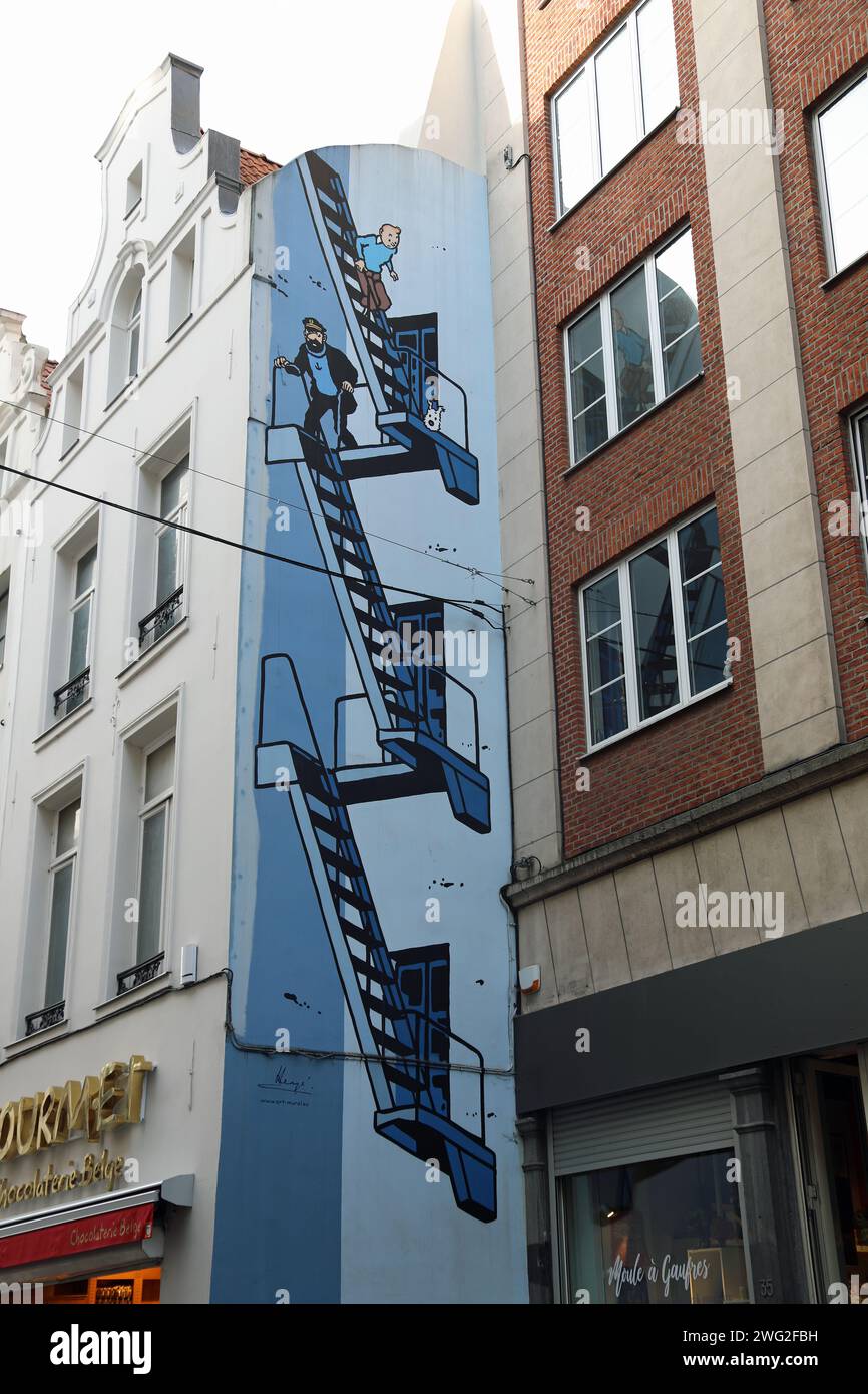 Peinture murale de rue Tintin à Bruxelles Banque D'Images