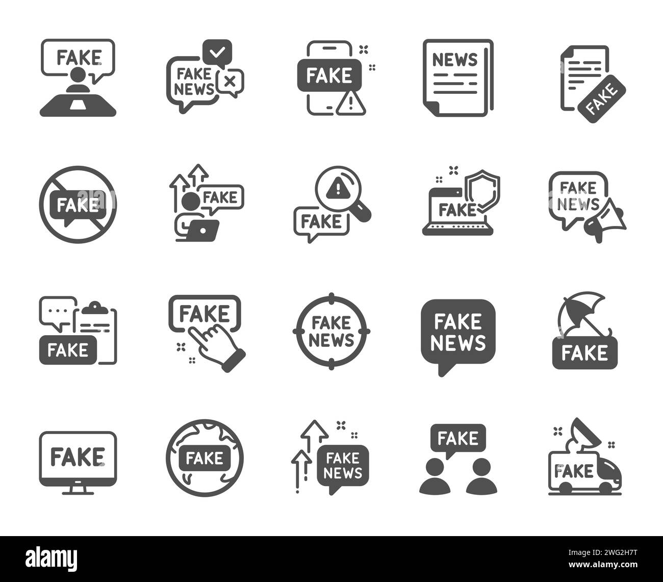 Icônes de fausses nouvelles. Propagande des médias sociaux, journaux et conspiration de la vérité icônes simples. Vecteur Illustration de Vecteur