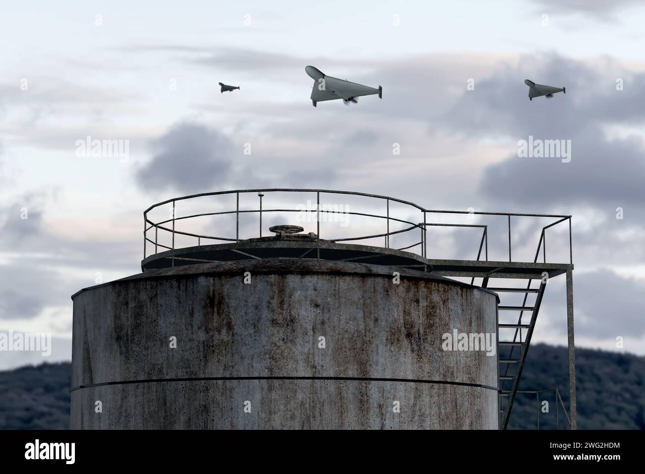 Groupe de drones militaires attaquant le pétrole et le réservoir de carburant, 3d render. Banque D'Images