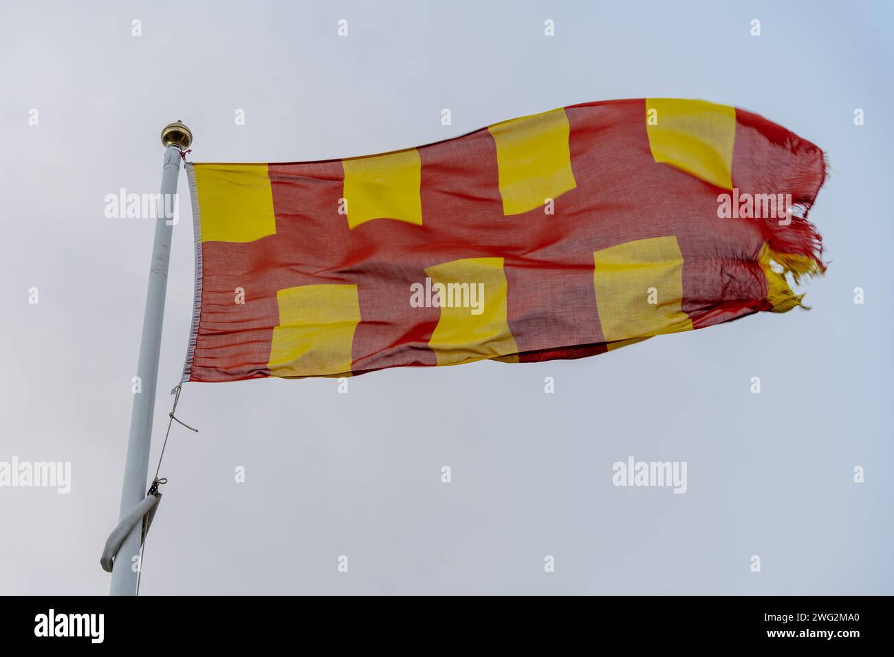 Le drapeau de Northumberland, flottant sur un mât de drapeau dans la ville d'Amble, Northumberland, Royaume-Uni Banque D'Images