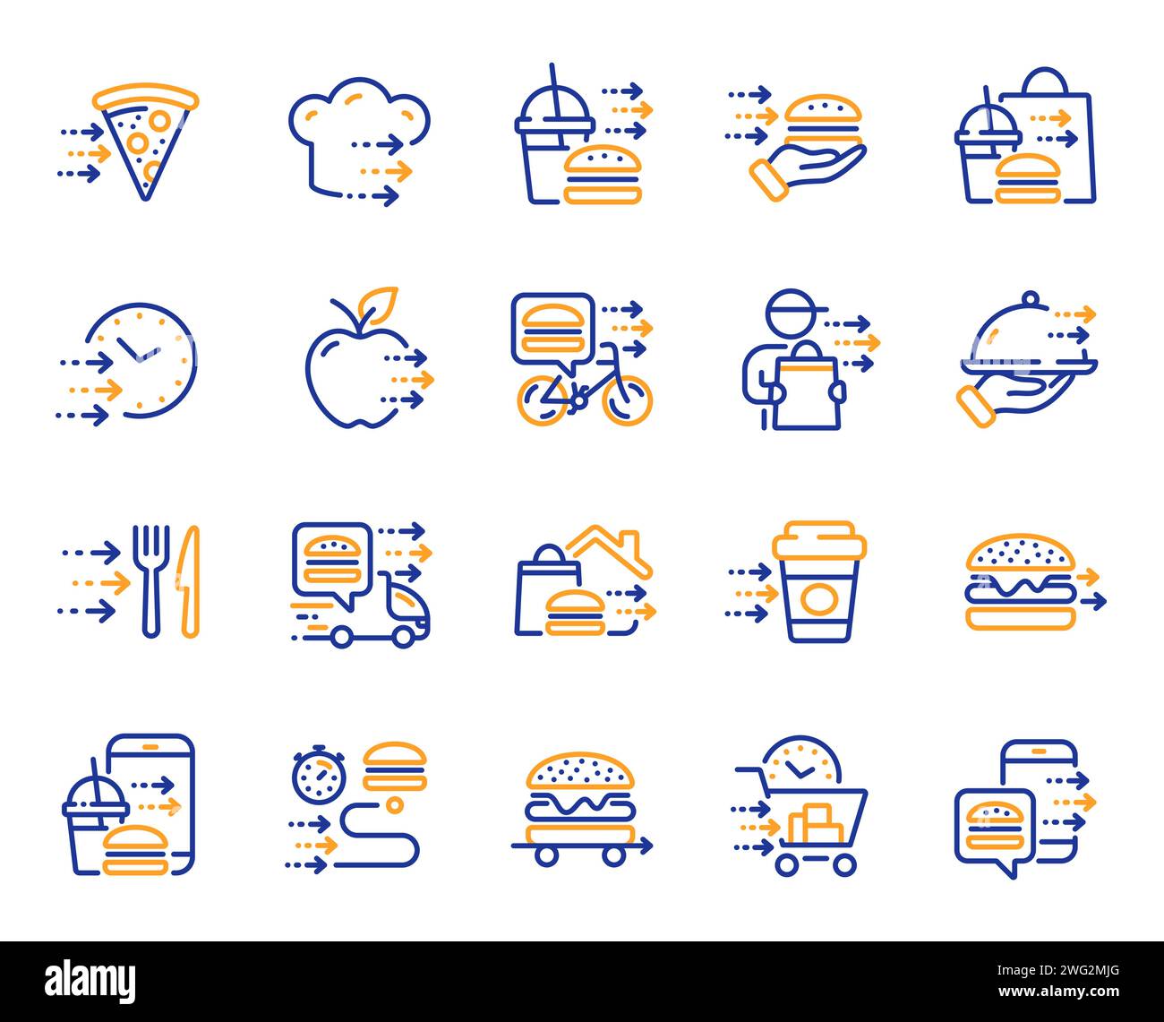 Icônes de ligne de livraison de nourriture. Commandes en ligne, manger pizza et épicerie rapide icônes du plan de service. Vecteur Illustration de Vecteur