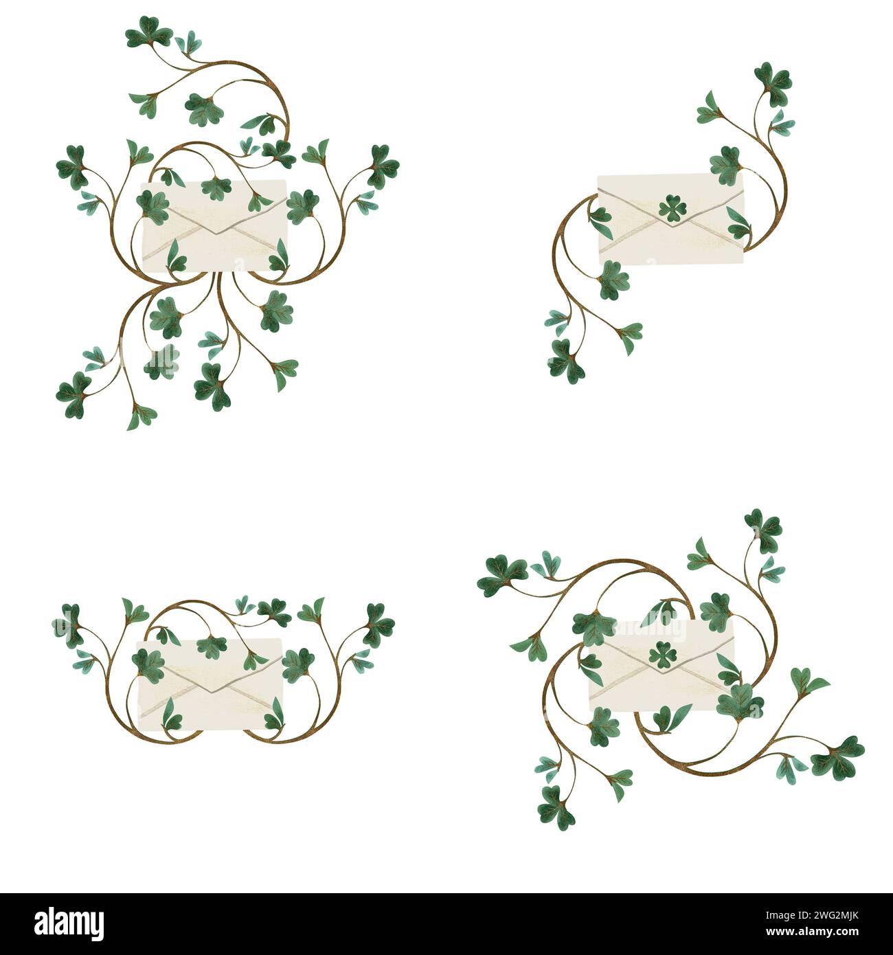 Se d'enveloppes postales en papier blanc avec trèfle vert à quatre feuilles pour être équipées Invitation de la fête de Patrick mêlée à du trèfle de trèfle. Aquarelle isolée i Banque D'Images