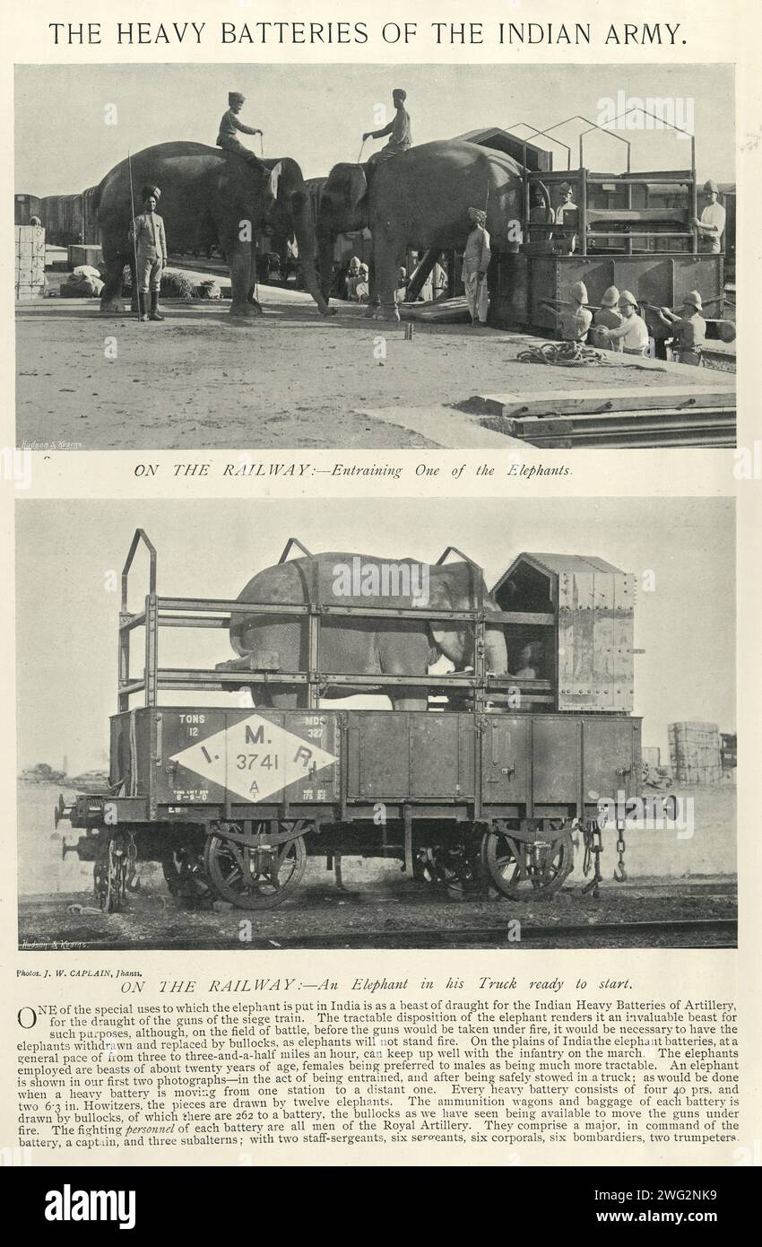Photographie vintage des éléphants de l'armée indienne britannique transportés par train, victorienne, histoire militaire des années 1890 19e siècle Banque D'Images