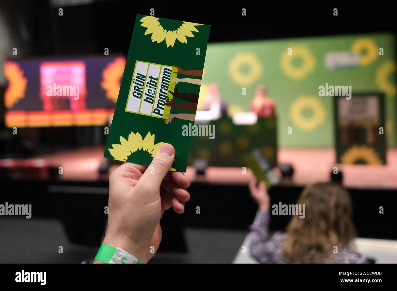 Neukieritzsch, Allemagne. 02 février 2024. Une carte de vote est tenue en altitude à la convention d'État des Verts saxons. La conférence de deux jours du parti se concentrera sur le programme des prochaines élections de l'État. Crédit : Sebastian Willnow/dpa/Alamy Live News Banque D'Images