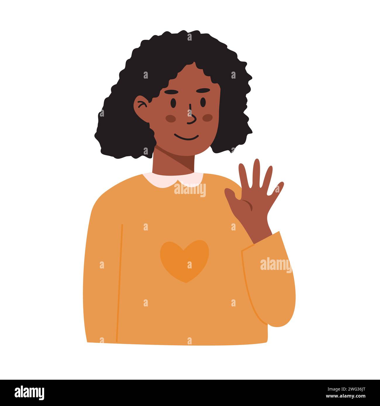 Petite fille à la peau noire agitant la main. Enfant africain souriant dans le geste de salutation disant salut ou au revoir. Portrait d'enfant de la maternelle ou elementa Illustration de Vecteur