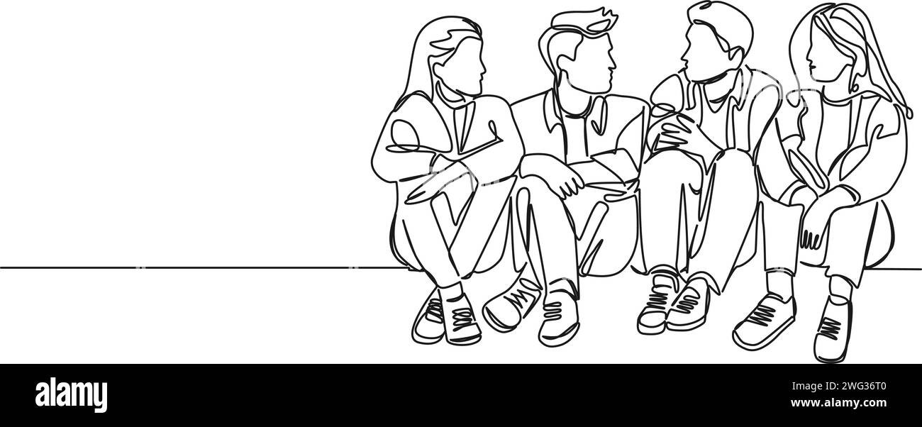 dessin continu à une seule ligne de groupe de jeunes assis sur le sol parlant, illustration vectorielle d'art de ligne Illustration de Vecteur