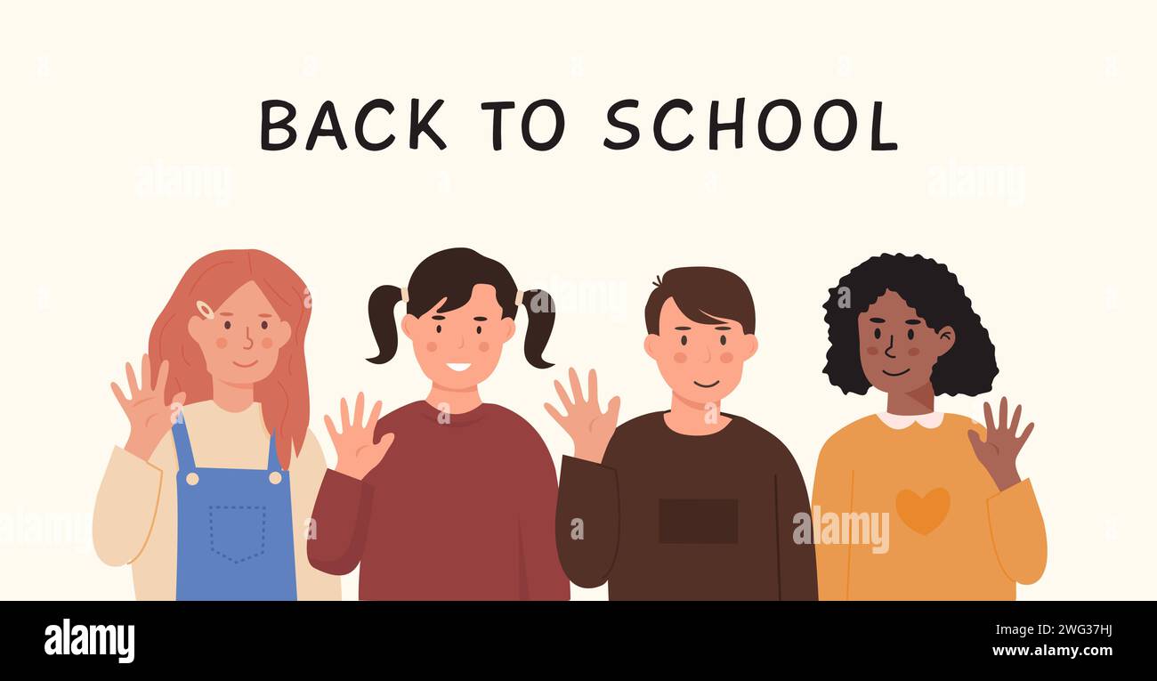 Les écoliers agitent les mains et disent bonjour ou adieu à l'école. Des enfants divers debout ensemble. Garçons et filles souriant et saluant les élèves. Plat coloré s Illustration de Vecteur