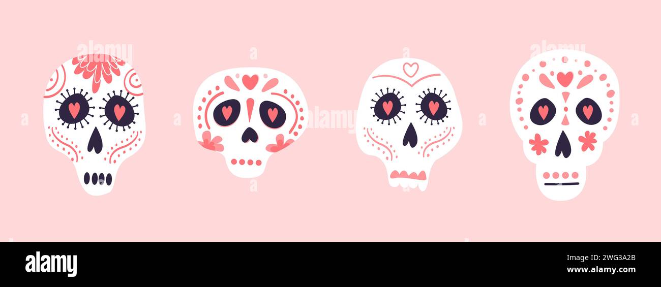 Ensemble vectoriel d'élément de crânes à sucre du Mexique, symboles Dia de los muertos dans un style plat dessiné à la main isolé sur fond. Calavera Catrina avec floral or Illustration de Vecteur