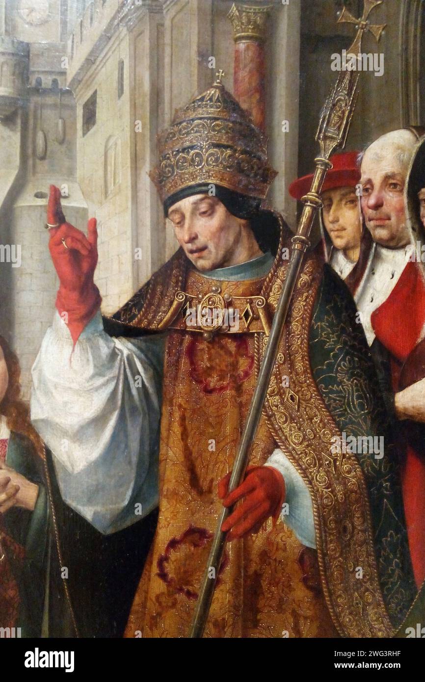 Le retable Saint Auta de Lisbonne, qui montre le pape Siricius bénissant Saint Auta et Conan Meriadoc. Il a été peint dans les années 1520 Siricius était pontife de AD384 à AD399. Il était le 38e pape. C'est Siricius qui a décrété que les prêtres devaient rester célibataires. Banque D'Images