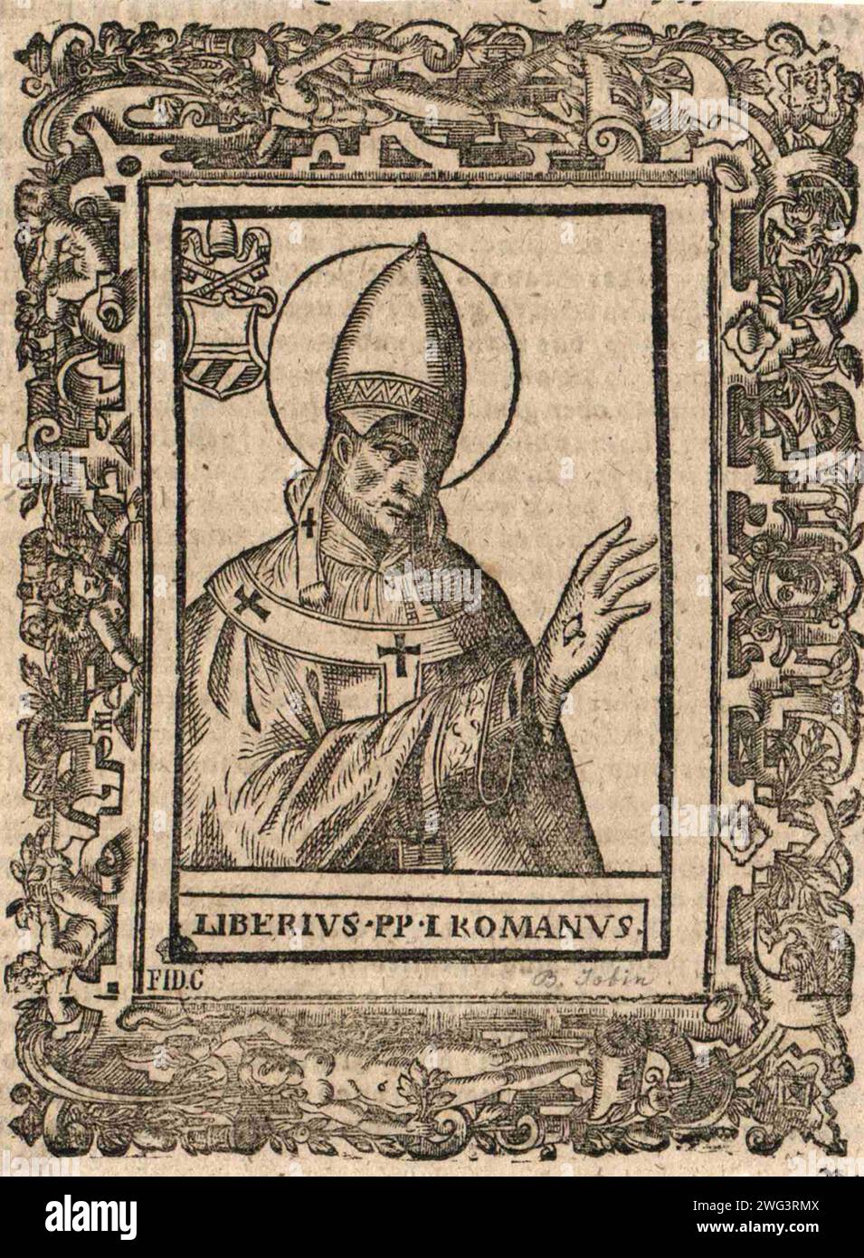 Gravure du 16e siècle du pape Liberius qui fut pontife de AD352 à AD366. Il était le 36e pape. Il a été le premier pape qui n'a pas été canonisé par l'Église latine, bien qu'il soit considéré comme tel par l'Église orientale. Banque D'Images