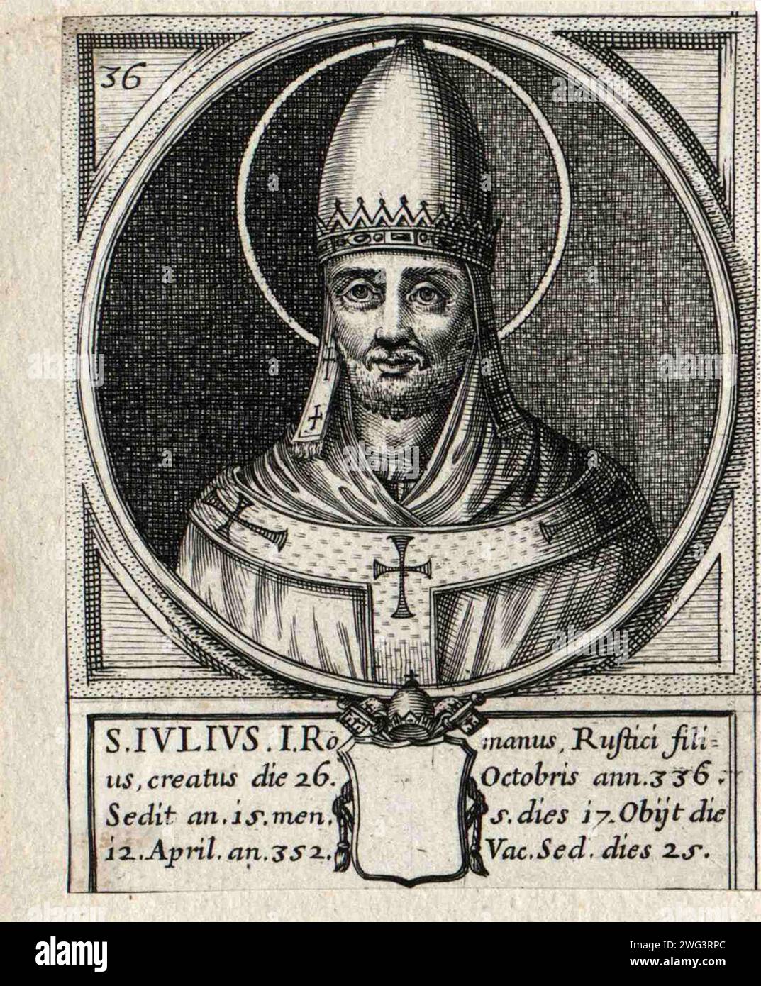 Gravure du 17e siècle du pape Jules Ier qui fut pontife de 337 à 352. Il était le 37e pape. Banque D'Images