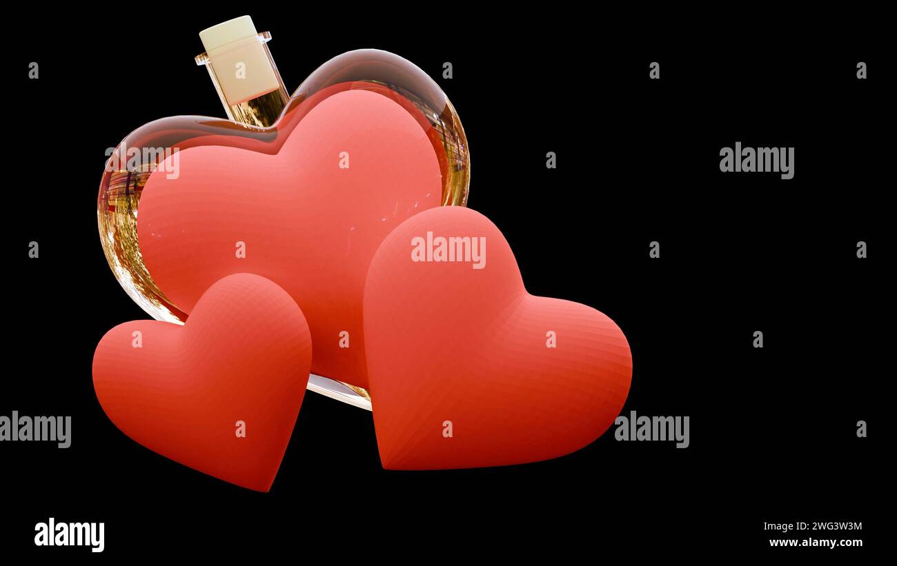 rendu 3d de poison d'amour dans une bouteille rouge en forme de coeur contenant un liquide rouge Banque D'Images