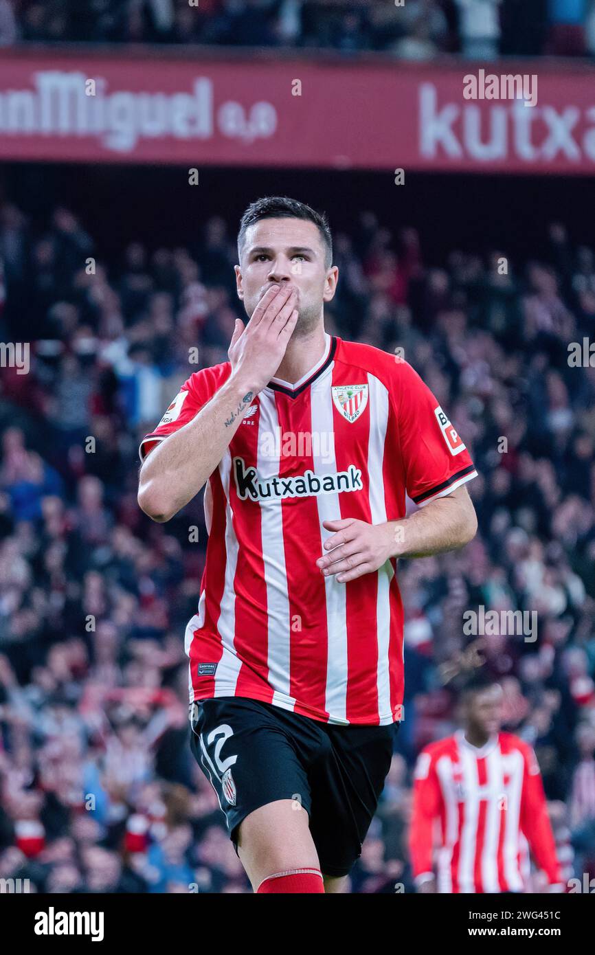 Bilbao, Espagne. 02 février 2024. Gorka Guruzeta de l'Athletic Club célèbre un but lors du match de la Liga EA Sports entre l'Athletic Club et le RCD Mallorca au stade San Mames de Bilbao. Score final : Athletic Club 4:0 RCD Mallorca crédit : SOPA Images Limited/Alamy Live News Banque D'Images