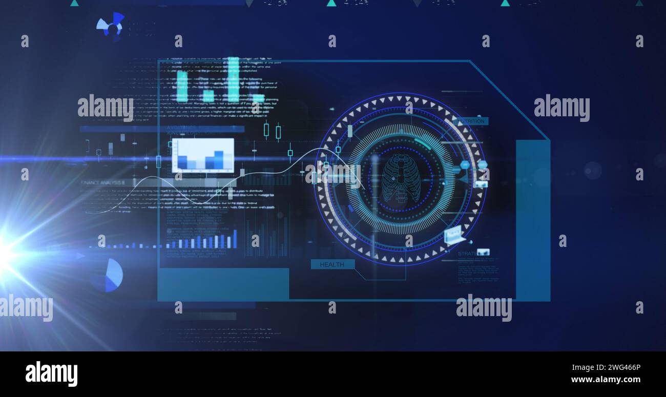 Image du balayage de l'oscilloscope et du traitement des données sur l'écran sur fond bleu Banque D'Images