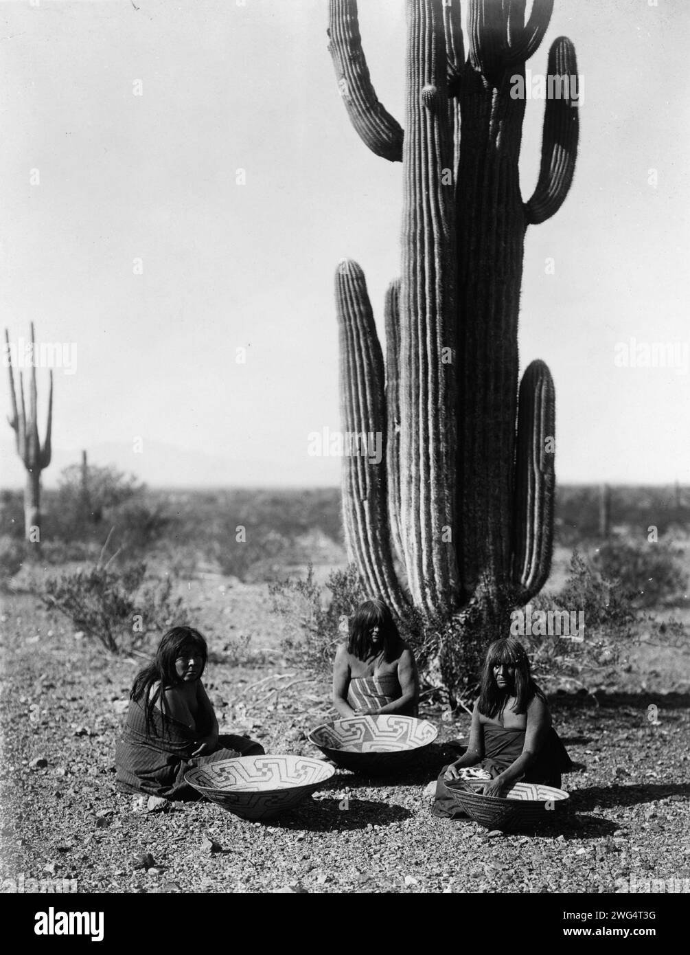 Saguaro Gatherers, c1907. Trois Indiens Maricopa, assis devant un cactus, avec des paniers. Banque D'Images