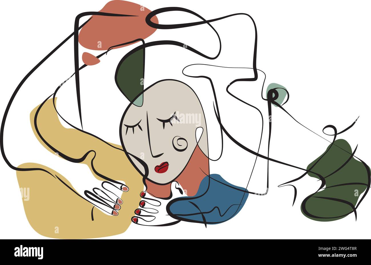 Illustration abstraite d'une femme, les yeux fermés, s'accrochant à ses pensées et rêves, ligne art rêve coloré comme décoration murale Banque D'Images