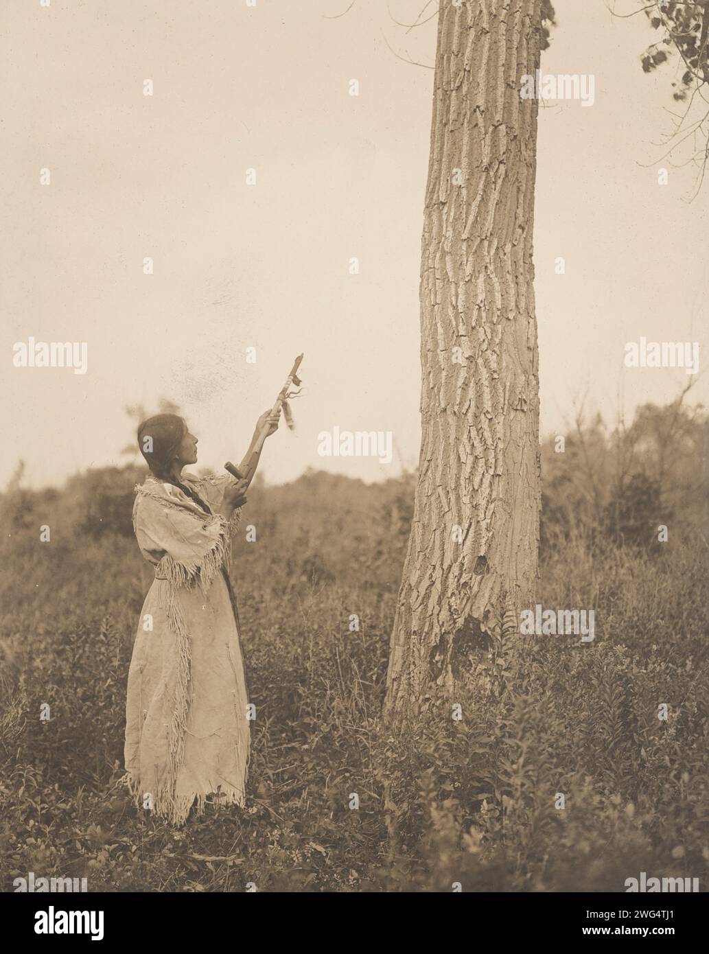 Offrir le tuyau, 1908. La photographie montre une femme offrant une pipe à un arbre. Banque D'Images