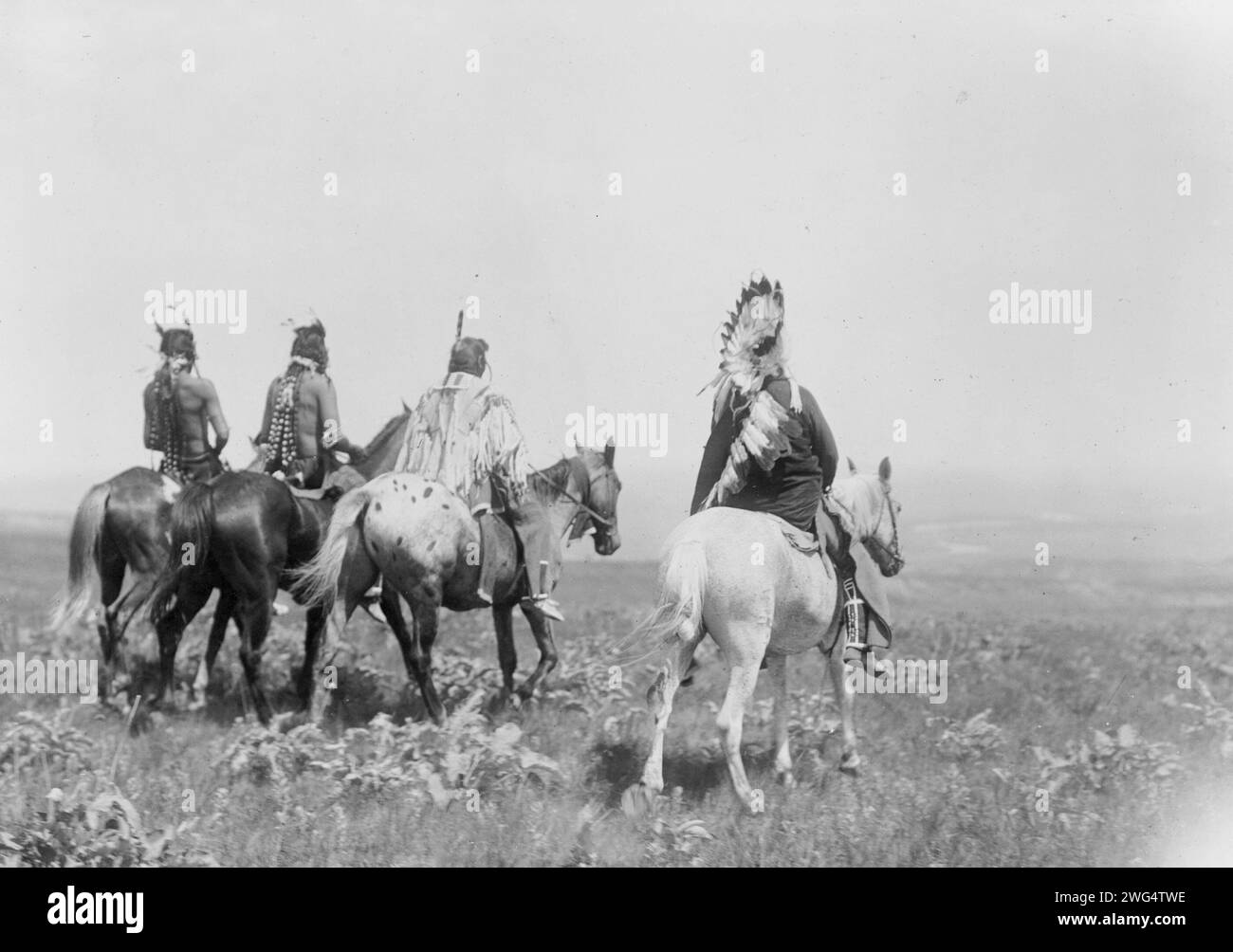 Le chef et son état-major, les Indiens Apsaroke, c1905. Vue arrière de quatre Indiens Apsaroke à cheval Banque D'Images Le chef et son état-major, les Indiens Apsaroke, c1905. Vue arrière de quatre Indiens Apsaroke à cheval Banque D'Images
