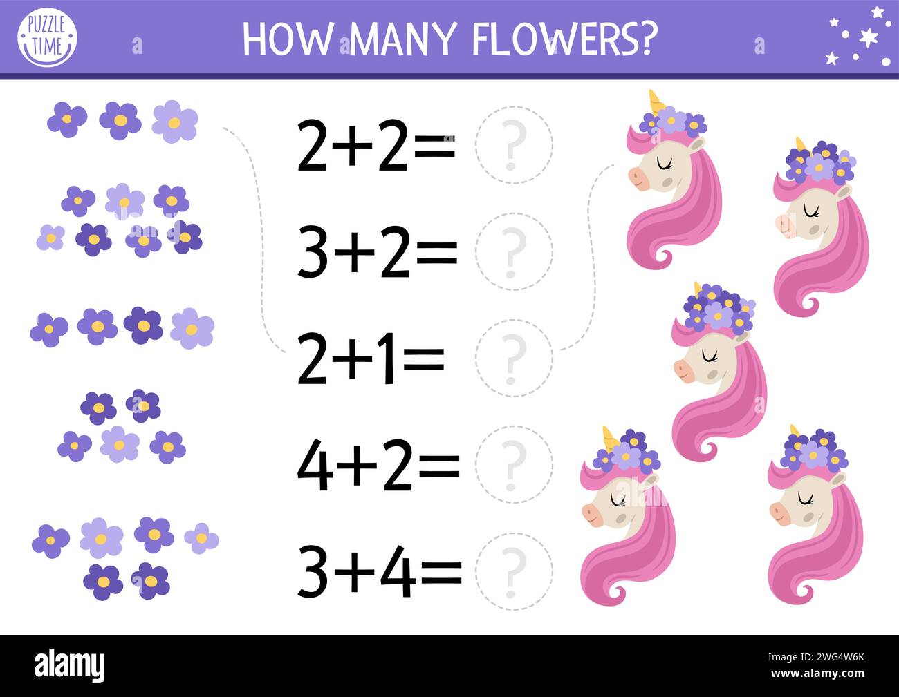 Combien de fleurs jouent avec la tête de licorne mignonne et la crinière rose. Magie, activité d'addition mathématique de conte de fées pour les enfants d'âge préscolaire. Imprimé monde fantaisie simple Illustration de Vecteur