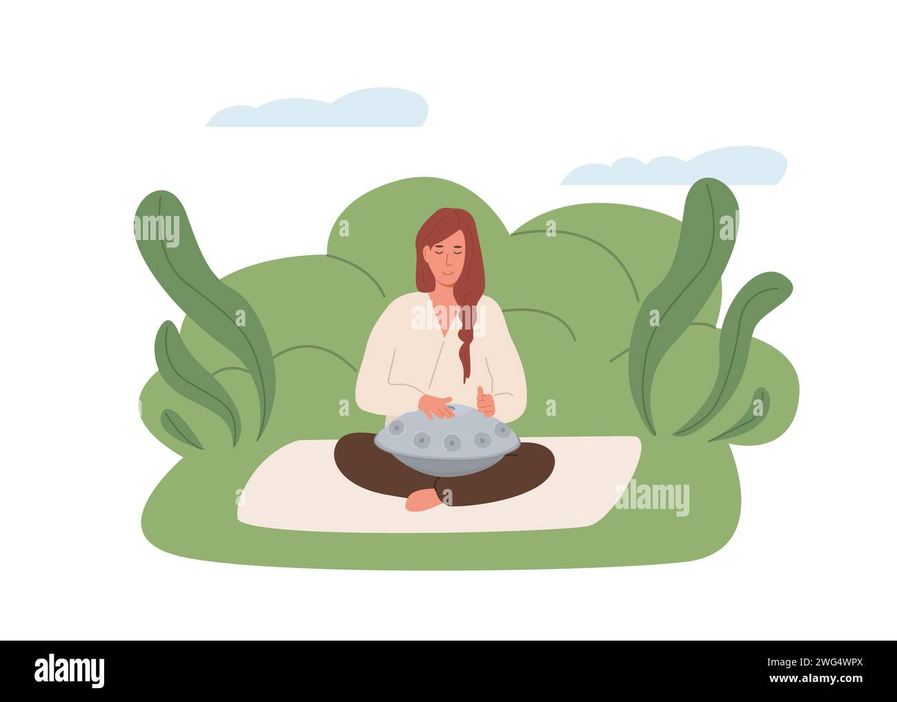 Jeune fille jouant de la musique live à l'extérieur. Musicienne féminine avec instrument de musique traditionnel folklorique handpan assis dans la nature. Femmes avec percu de tambour suspendu Illustration de Vecteur