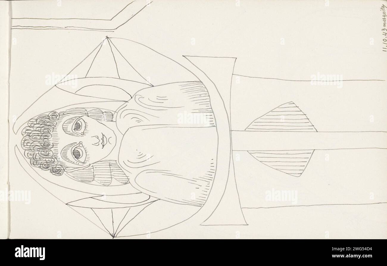 Femme dans un long manteau entouré d'une grille de lignes et de triangles, 1943 page 4 recto d'un carnet de croquis de 18 feuilles. Journal d'Amsterdam. stylo à encre femme adulte. manteau (+ vêtements pour femmes) Banque D'Images