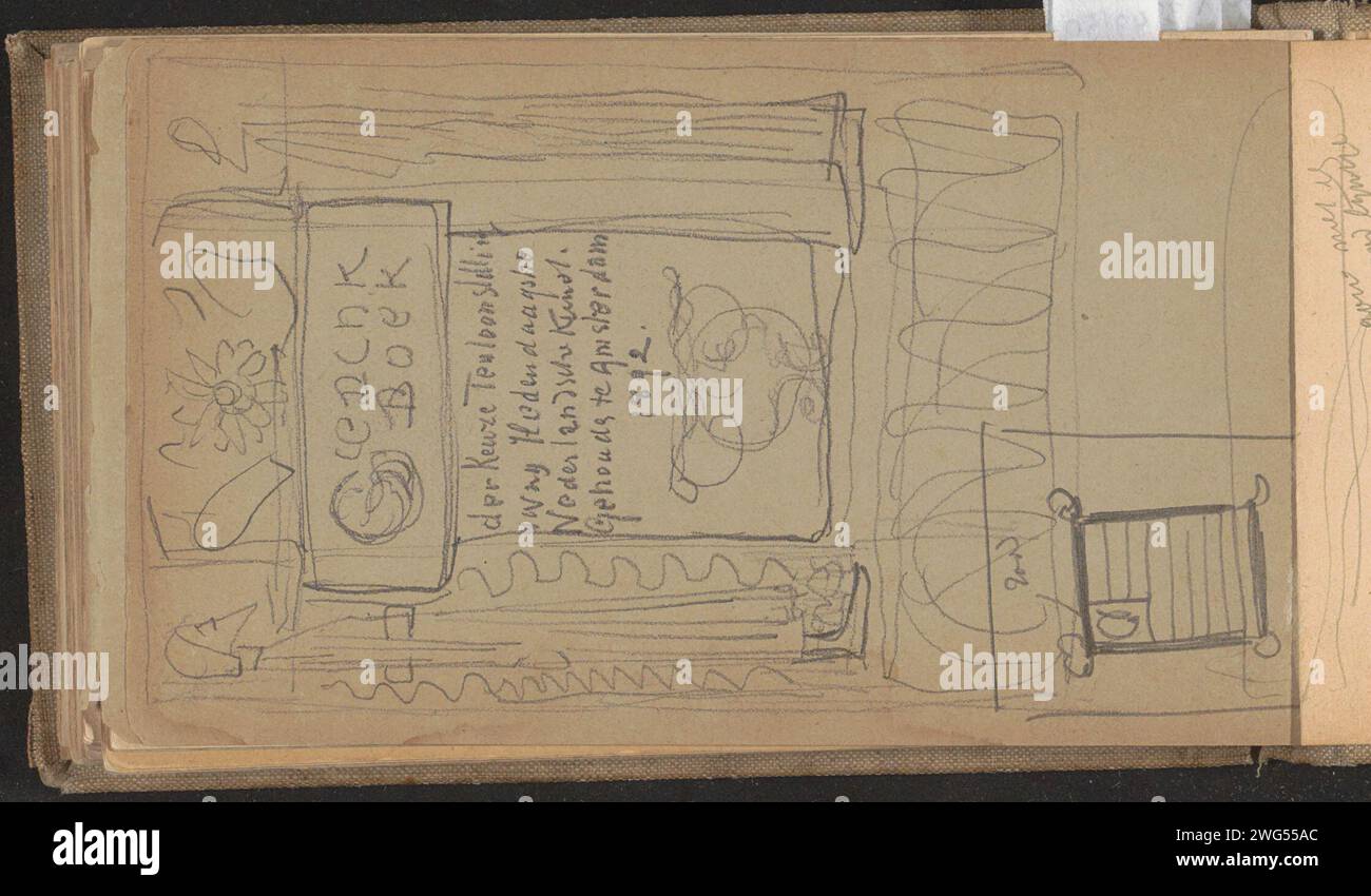Conception d'un livre commémoratif en l'honneur de la sélection des expositions d'art néerlandais contemporain à Amsterdam, c. 1892 feuille 50 verso d'un carnet de croquis avec 51 feuilles. papier. décoration au crayon de produits imprimés Banque D'Images