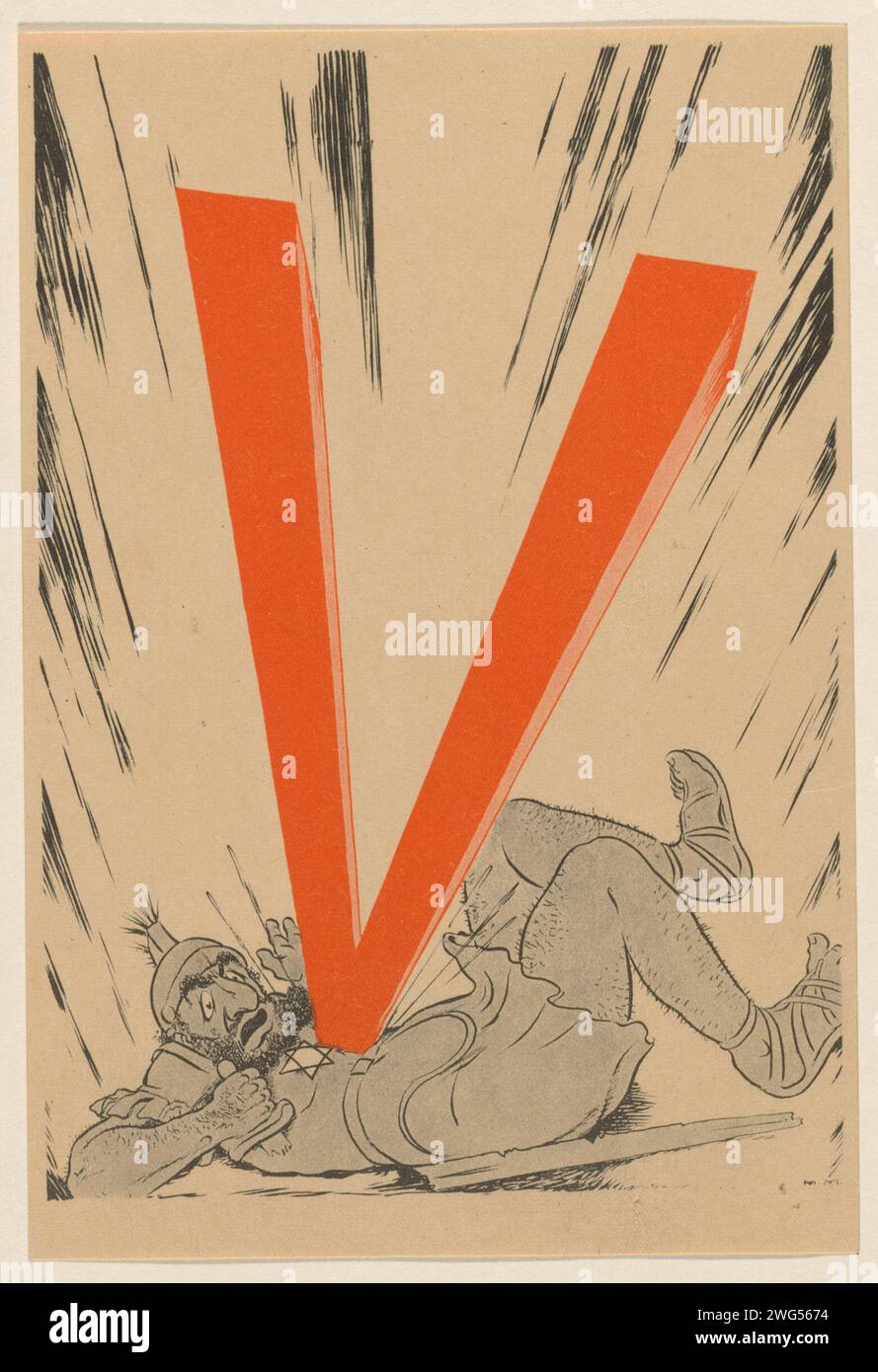 Caricature anti-juive, ca. 1943-1944, 1943 - 1944 copies dessin animé anti-juif allemand, ca. 1943-1944. Un soldat juif caricatural en vêtements anciens, avec une étoile david et une épée cassée, est frappé par un grand 'v' (de Viktoria, l'Allemagne gagne sur tous les fronts). Pays-Bas (éventuellement) papier imprimé antisémitisme Banque D'Images