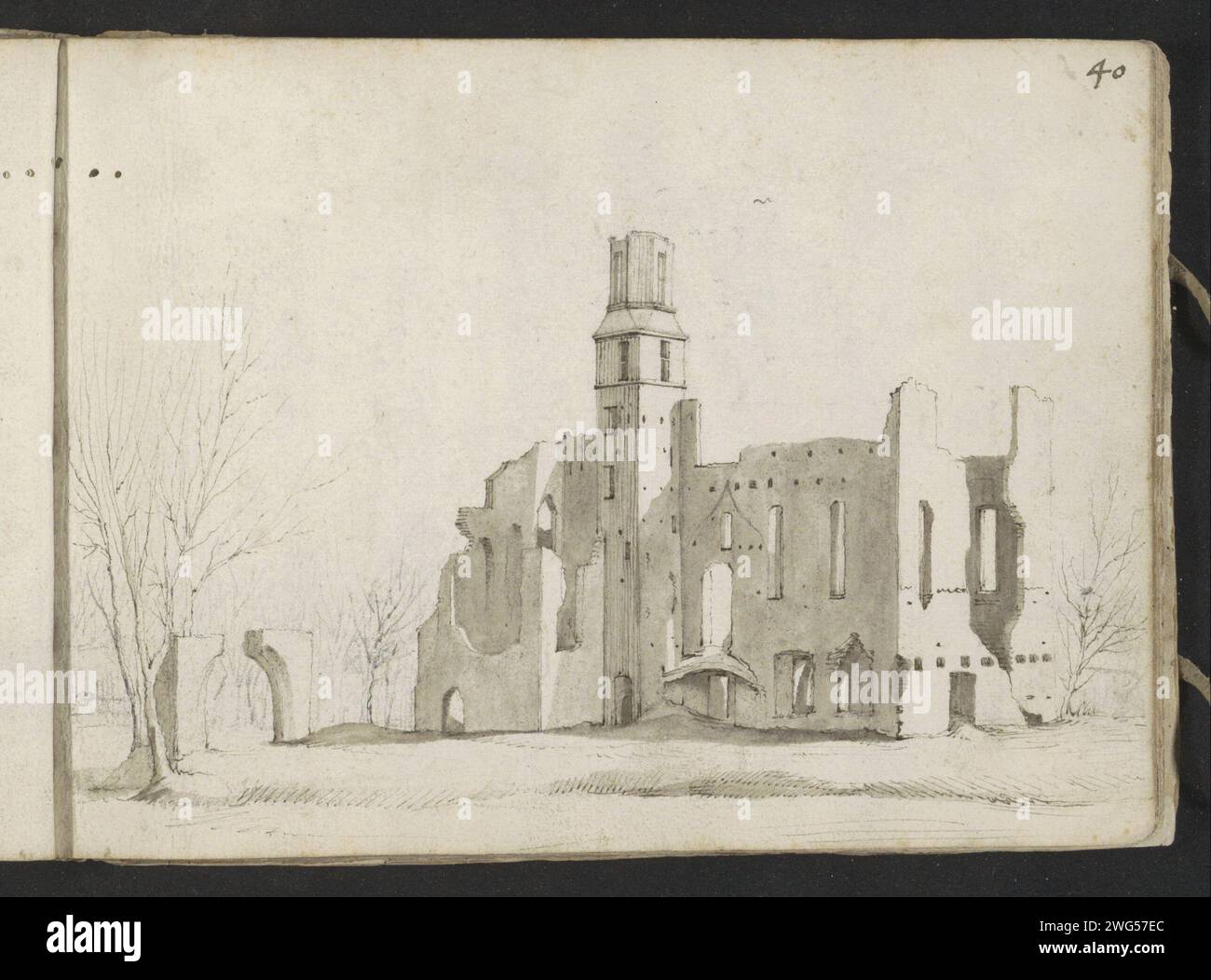 Ruine de huis Kranenburg, c. 1633 - c. 1634 vue de l'ouest. Page 40 recto d'un carnet de croquis avec 55 feuilles. Papier Berkum. encre. crayon stylo / brosse ruine d'une habitation, maison, château, etc Maison Kranenburg Banque D'Images