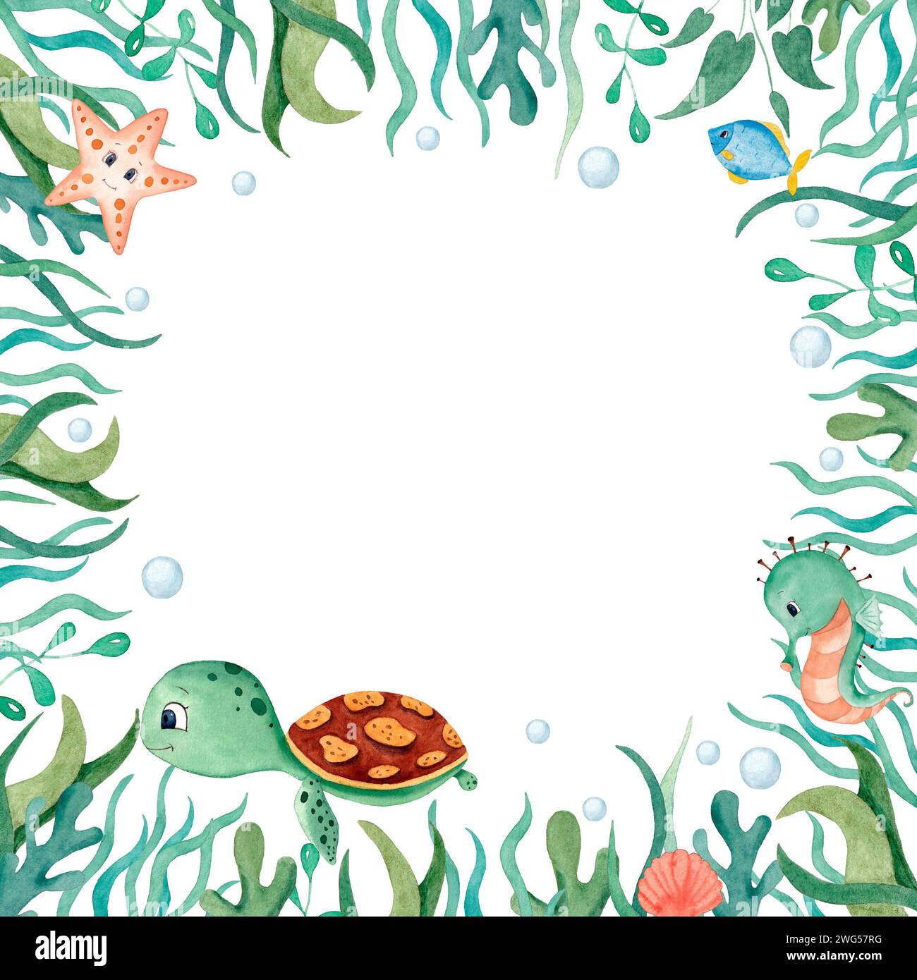 Bordure de cadre océanique aquarelle avec tortue mignonne, algues, étoiles de mer, récif de corail, poissons, hippocampe et c. Illustration pour la conception, l'impression ou l'arrière-plan Banque D'Images