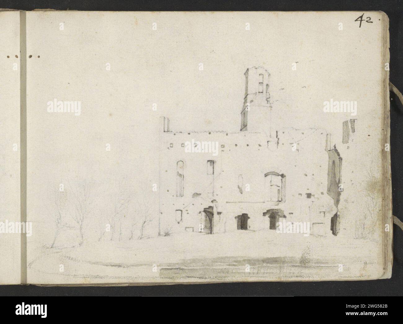 Ruine de huis Kranenburg, c. 1633 - c. 1634 vue du sud-est. Page 42 recto d'un carnet de croquis avec 55 feuilles. Papier Berkum. encre. crayon stylo / brosse ruine d'une habitation, maison, château, etc Maison Kranenburg Banque D'Images