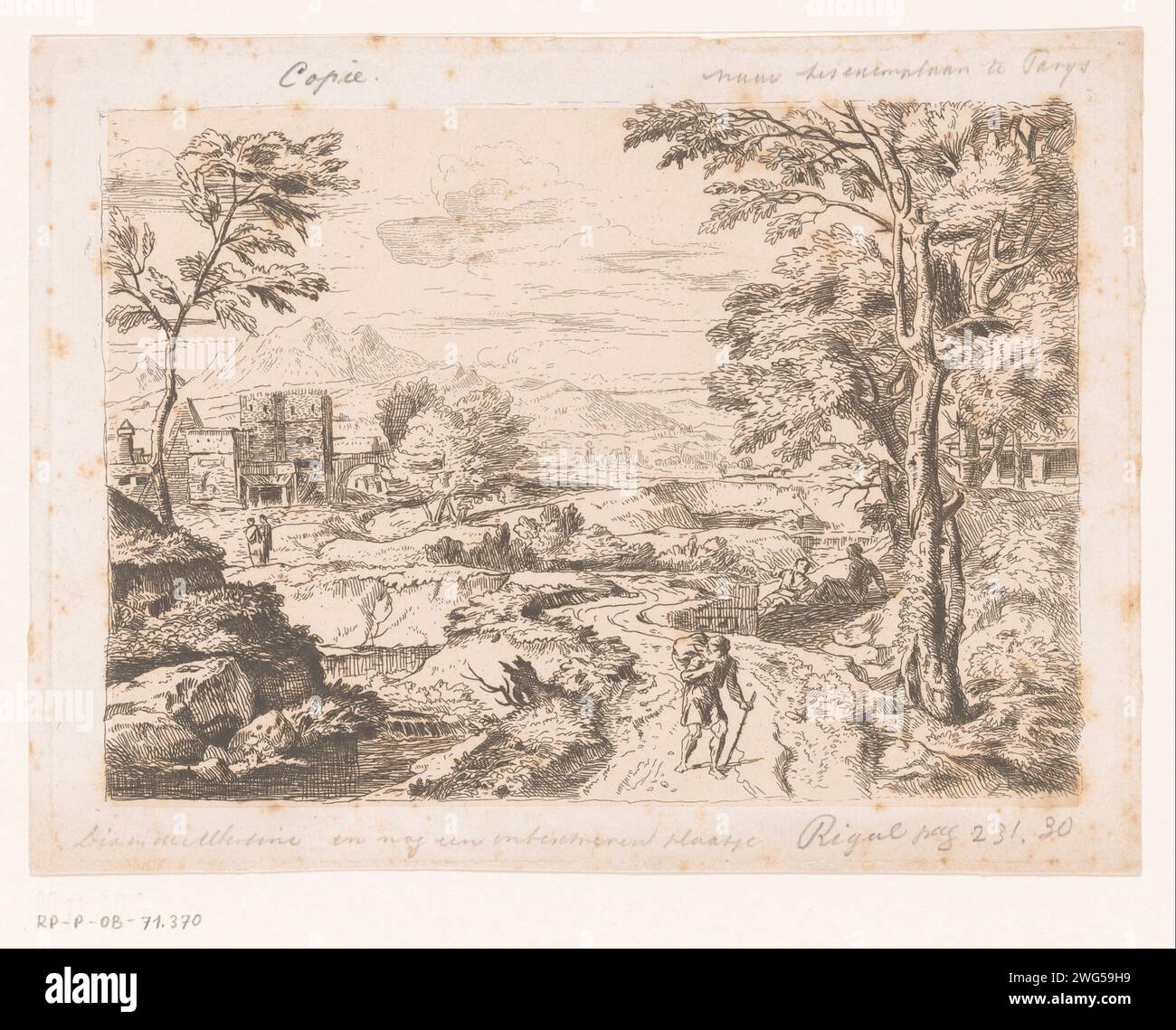 Paysage avec voyageur, Anonyme, d'après Jean François Millet (I), 1652 - 1679 papier imprimé. gravure de paysages. 'en route', voyageur en route Banque D'Images