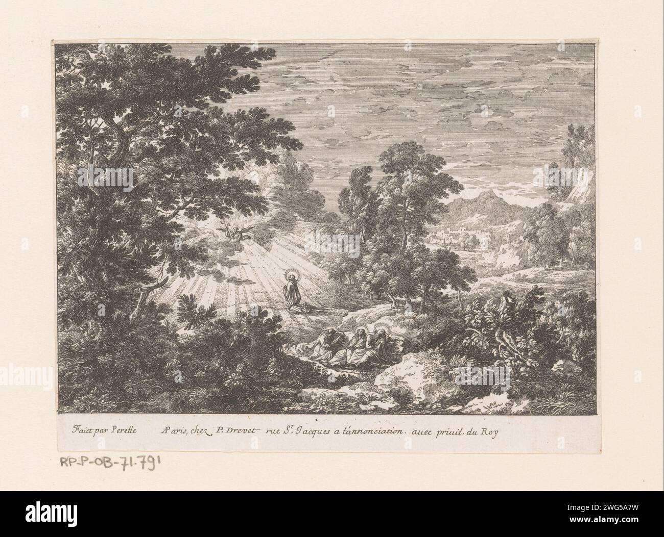 Christ dans le Hof van Getsémane, Gabriel Perelle, 1673 - 1695 print Publisher : ParisFrance papier gravure Gethsémane, Mont des oliviers, 'Oelberg' (Matthieu 26:36-56, Marc 14:32-53, Luc 22:39-52; Jean 18:1-12). paysages Banque D'Images