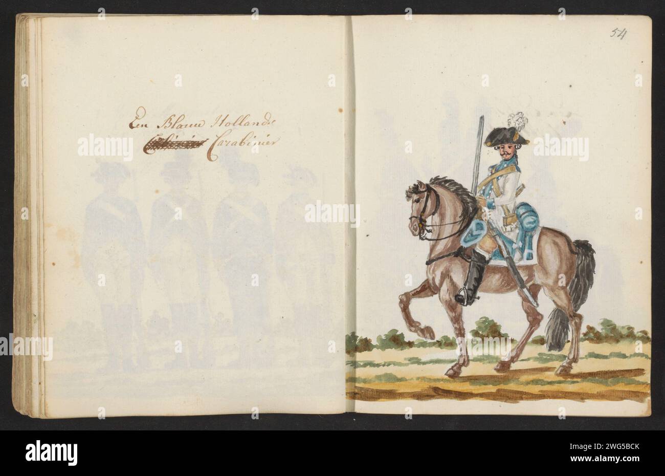 Uniforme d'un mousqueton hollandais, S.G. Casten, 1795 - 1796 dessin uniforme d'un mousqueton hollandais à cheval, ca. 1788-1795. Partie du troisième chapitre sur les nouveaux uniformes dans la période après la récupération du prince d'Orange et l'arrivée des troupes prussiennes en Hollande en 1787. Dans le carnet de croquis avec des dessins colorés des uniformes des soldats et des membres de la Schutterij de la période 1770 à 1795-1796. Amsterdam papier écriture (processus) (militaires) uniformes (+ infanterie) Banque D'Images