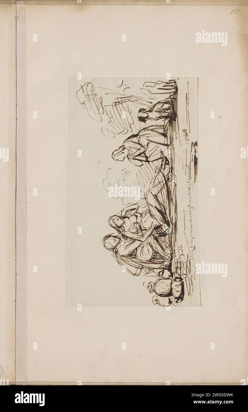 Paysage avec une femme agenouillée dans quelques-uns, c. 1843 - c. 1864 feuille 15 recto d'un album de compilation avec 32 feuilles. Journal d'Amsterdam. figurine d'assise de stylo à encre. figurine agenouillée. chien. couple d'amoureux Banque D'Images