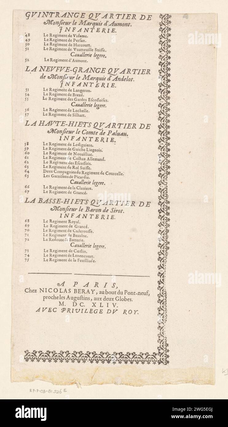 Feuille de texte sur la carte du siège de Thionville, 1643, 1644 feuille de texte sur la carte du siège de Thionville par l'armée française sous le commandement de Lodewijk II de Bourbon-Condé, duc d'Enghien, du 18 juin au 10 août 1643. Tekstblad avec une liste des régiments français (nos 48-75) en français. Avec bordure ornementale. Partie (en bas à droite) d'un ensemble non assemblé composé de la carte du siège et de quatre magazines de texte. Imprimeur : Francepublisher : impression typographique papier Paris Thionville Banque D'Images