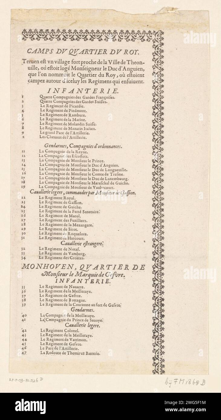 Feuille de texte sur la carte du siège de Thionville, 1643, 1644 feuille de texte sur la carte du siège de Thionville par l'armée française sous le commandement de Lodewijk II de Bourbon-Condé, duc d'Enghien, du 18 juin au 10 août 1643. Page de texte avec une liste des régiments français (nos 1-47) en français. Avec bordure ornementale. Partie (en haut à droite) d'un ensemble non assemblé composé de la carte du siège et de quatre magazines de texte. Imprimeur : Francepublisher : impression typographique papier Paris Thionville Banque D'Images