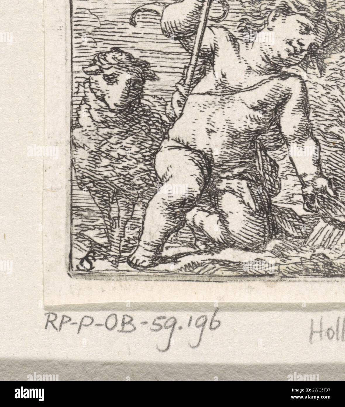 Johannes de Boper, enfant, Cornelis Schut (I), 1618 - 1655 imprimer le jeune Jean-Baptiste s'agenouille devant un ruisseau pour remplir un bol d'eau. Il tient une bannière de victoire. A côté de lui se trouve l'Agneau. Gravure de papier Jean le Baptiste ; attributs possibles : livre, croix de roseau, coupe baptismale, nid d'abeille, agneau, personnel - début de la vie du saint mâle Banque D'Images