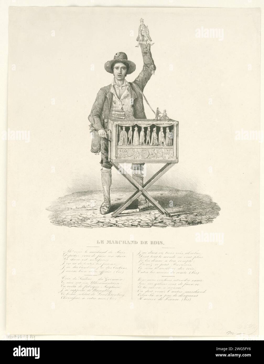 Le vendeur de Koningen, 1831, 1831 imprimer Cartoon sur les négociations sur le choix d'un roi belge, février 1831. Un homme écrasé avec un orgue en tonneau et huit poupées habillées. L'organiste tient un roi dans sa main. Avec une chanson française en quatre couplets en bas. Belgique papier Street-orgue, 'pierement' - CC - hors des portes. Une personne jouant d'un instrument - CC - hors des portes Banque D'Images