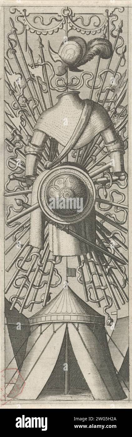 Trophée d'arme avec une tente en bas, trophée imprimé 1572 avec un casque et un passif au-dessus d'une tente. De la série, composée d'une page de titre et de 16 magazines. Pays-Bas (peut-être) gravure sur papier Banque D'Images