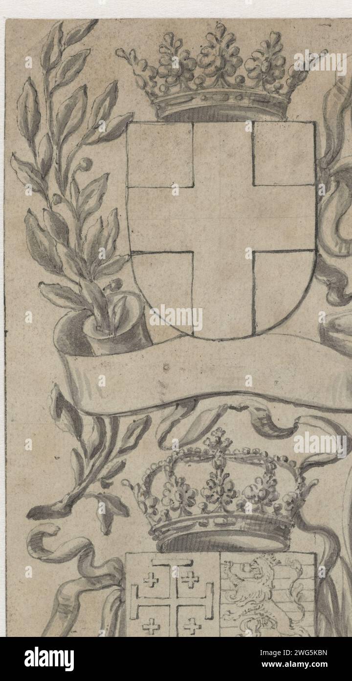 Deux armoiries couronnées, Pieter Jansz, 1630 - 1672 dessin conception pour une impression. papier. stylo à encre / pinceau portant armorial, héraldique Banque D'Images
