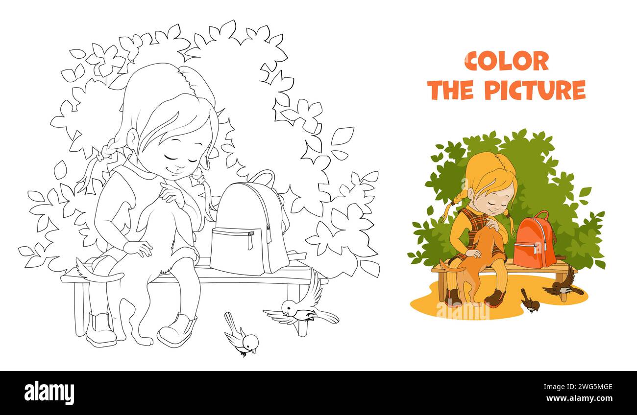 Adorable écolière avec des tresses caressant un chiot assis sur un banc de parc en été. Coloriage. Illustration vectorielle de dessin animé. Illustration de Vecteur