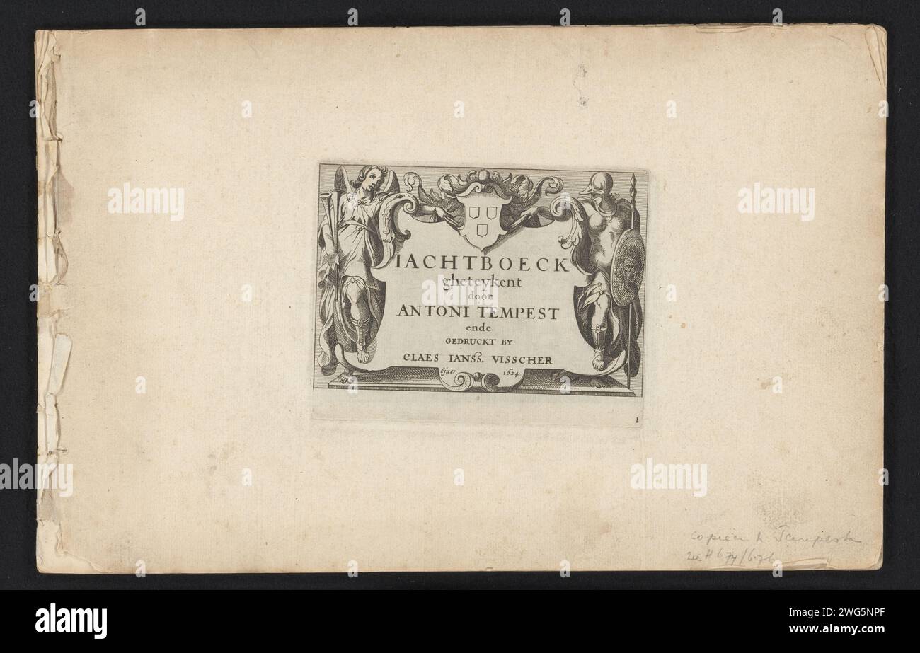 Tirage titre d'une série de scènes de chasse appelées 'Iachtboeck', anonyme, d'après Antonio Tempesta, 1624 tirage titre d'une série de scènes de chasse appelées 'Iachtboeck'. Avec un cartouche sur lequel le titre, flanqué de Fama et Minerva. Amsterdam gravure sur papier (histoire de) Minerva (Pallas, Athéna). Fama comme personnification romaine Banque D'Images